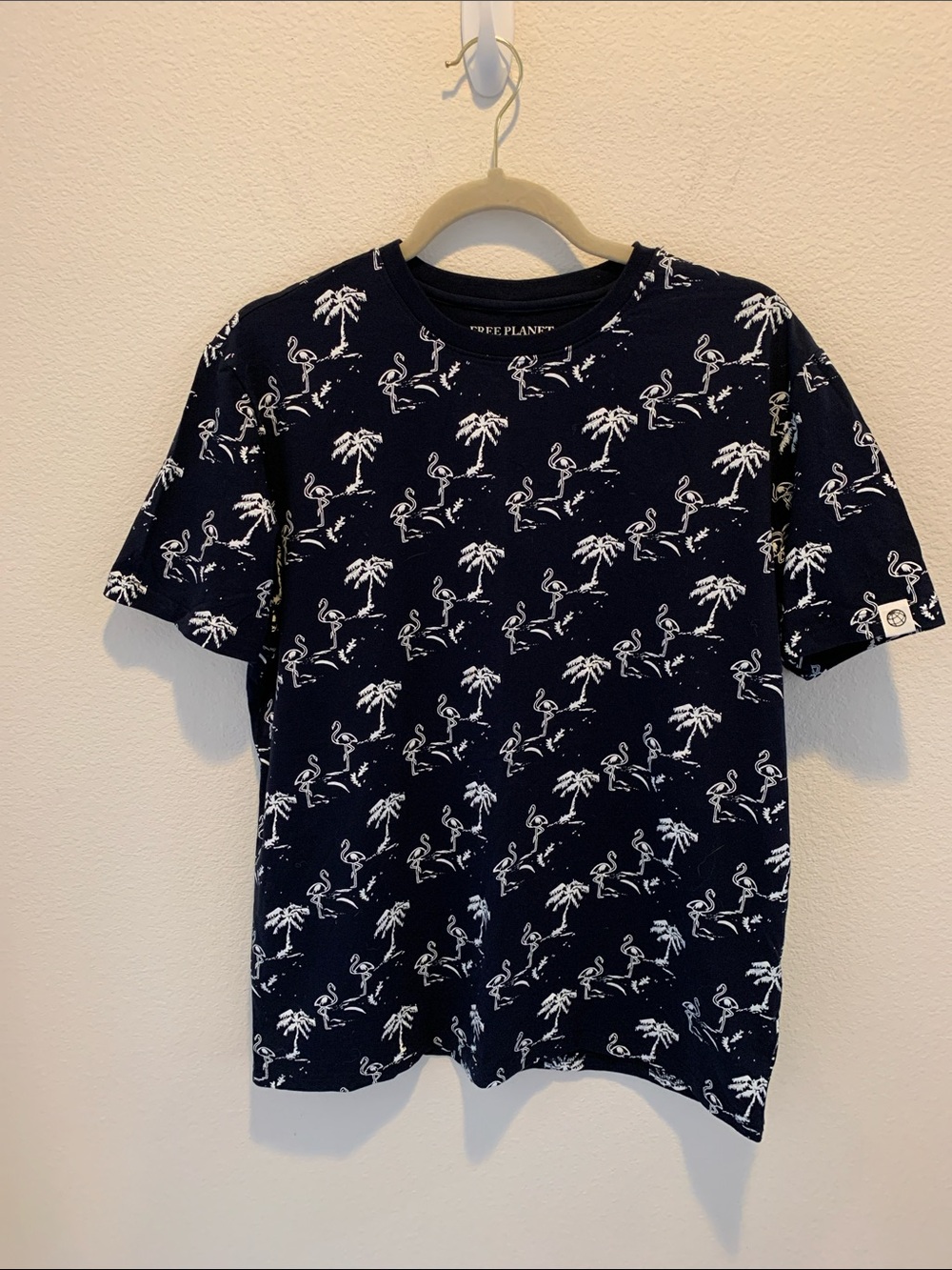 Free Planet Navy Short Sleeve Tee with White Flamingo & Palm Print